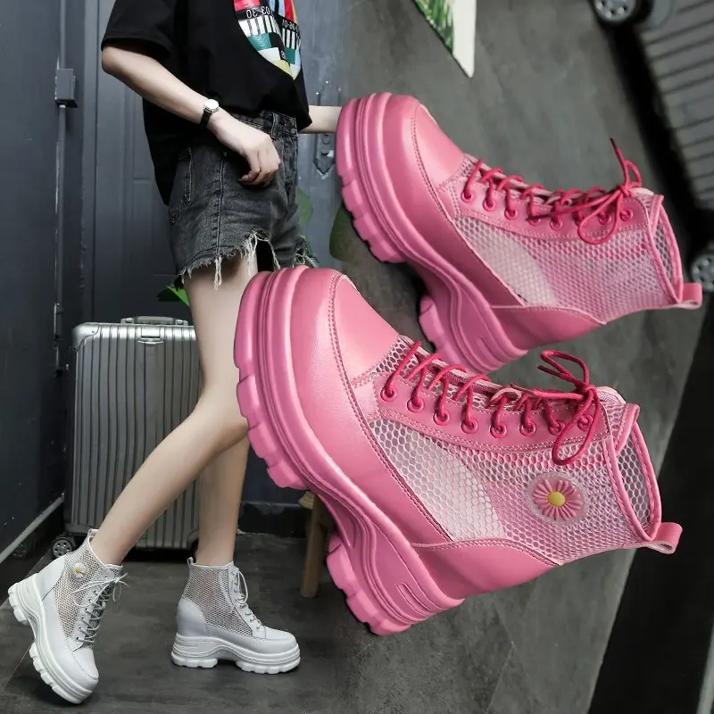 Новинка сетчатые анкл-ботинки обувь на толстой танкетке женская летняя