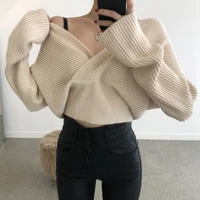 sweater 2021 autumn winter new solid color v neck sexy crossover fashion loose bat sleeve womens clothing design korea