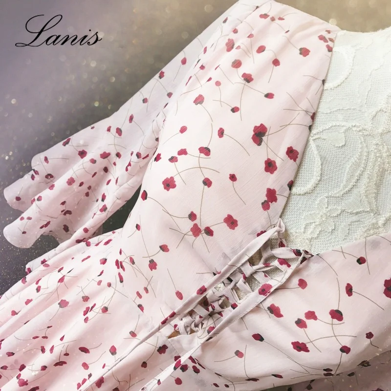 

LANIS 2021 Summer New Korean Style Lady Fashion Floral Slim-Fitting Slimming Hollow out V-neck Ruffle Sleeve A- line Dress