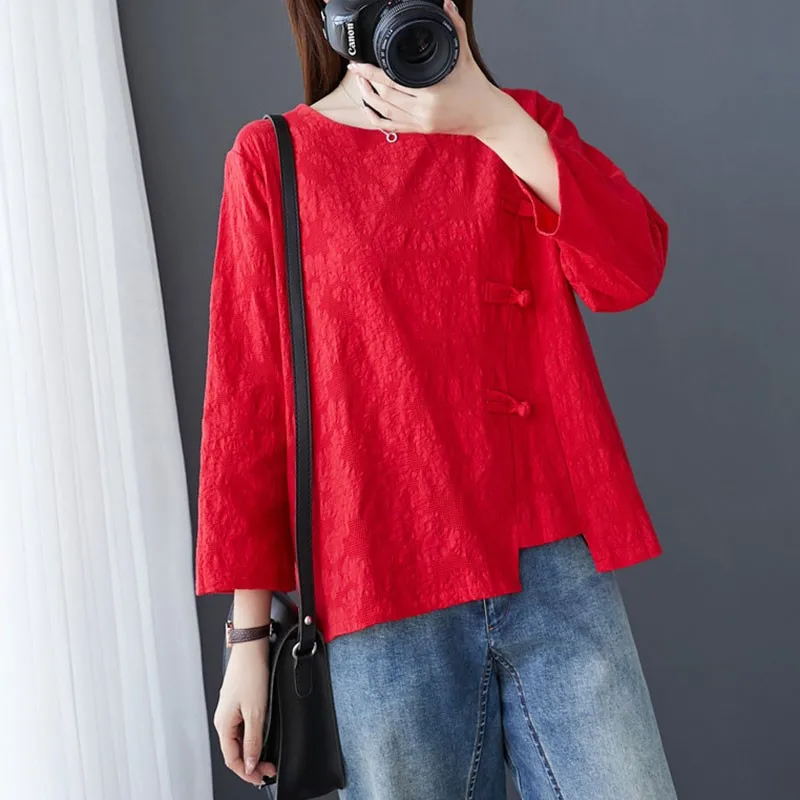 

Women Vintage Cotton Linen Casual T-shirts New 2021 Spring Simple Style Solid Color Loose Female Long Sleeve Tops Tees S2947