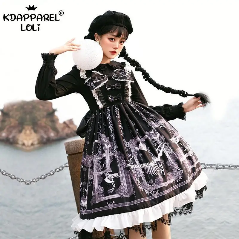 Платья в стиле Лолиты JSK без рукавов с кружевным подолом Ретро стиль темный