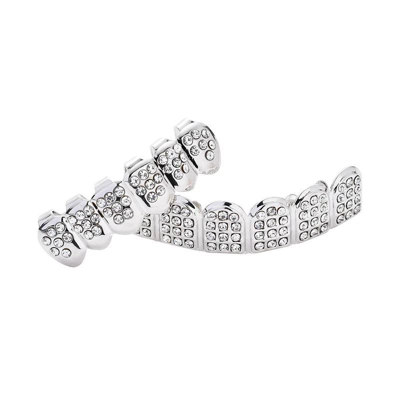 

18K Gilded Gold Cap Bottom Teeth Grills Men Body Jewelry Conjuntos De Mujer Silver Fangs Teeth Decoration Colored Diamonds Gift