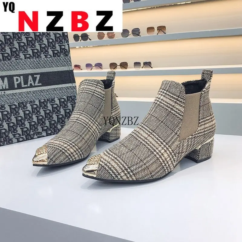 

2021 Spring And Autumn New Pointed Toe Short Boots Women's Thick With Wild Thin Boots High-Heeled Short-Tube Chelsea Boots