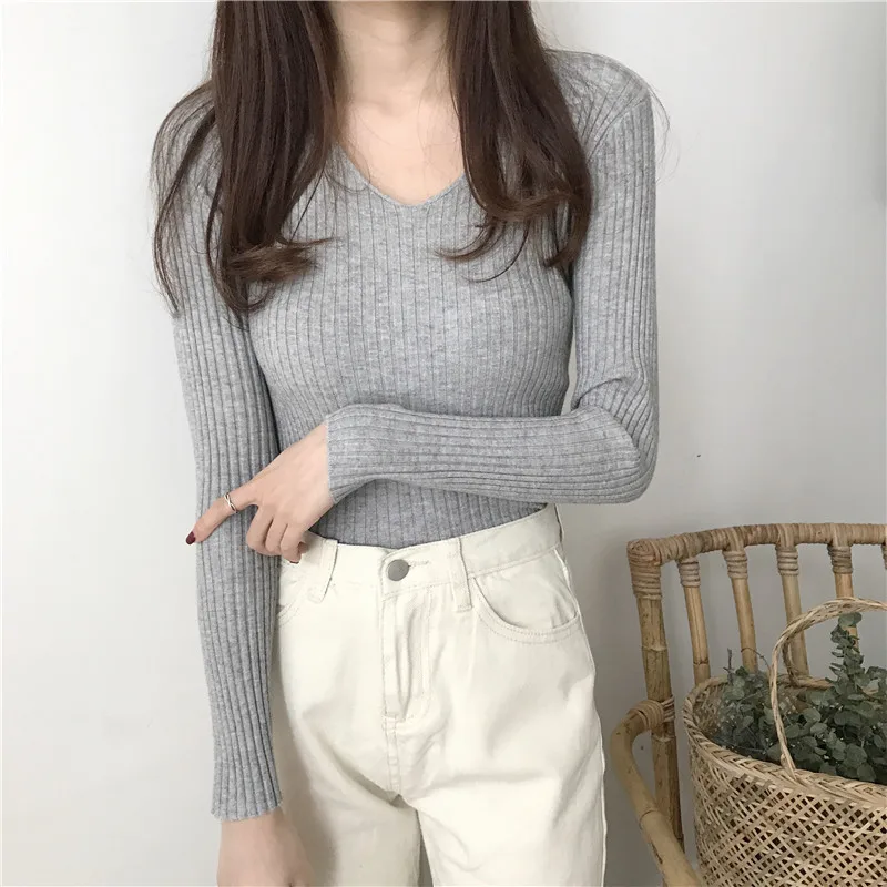 2019 basic v-neck solid autumn winter Sweater Pullover Women Female Knitted sweater slim long sleeve badycon cheap | Женская одежда