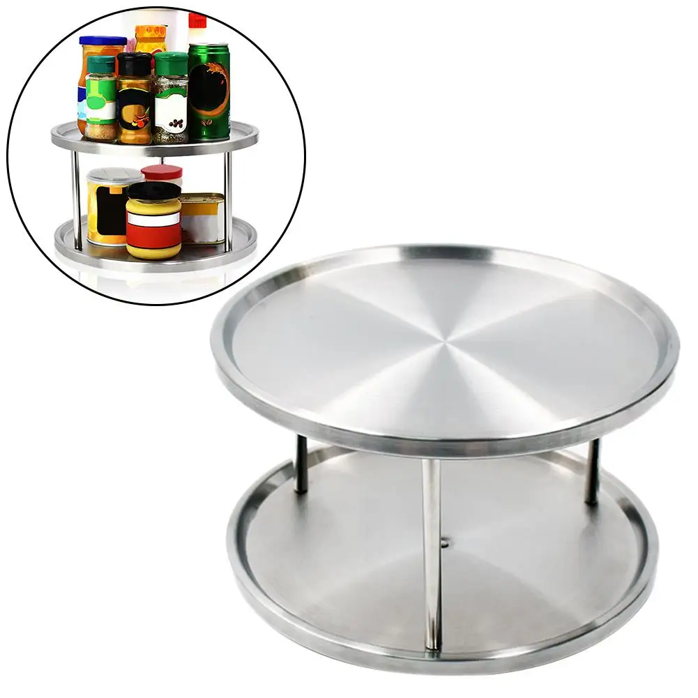 

Stainless Steel 2-Layer 360 Degree Rotating Seasoning Bottle Containers Kitchen Storage Rack Organizer