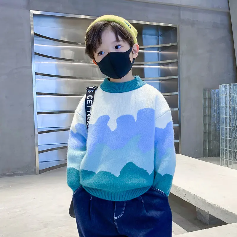 

2022 Spring Autumn Kids Clothes Boys Gradient Sweater Soft Knitting Solid Boys Clothes Loose Pullover Children Outerwear 5-14Yrs