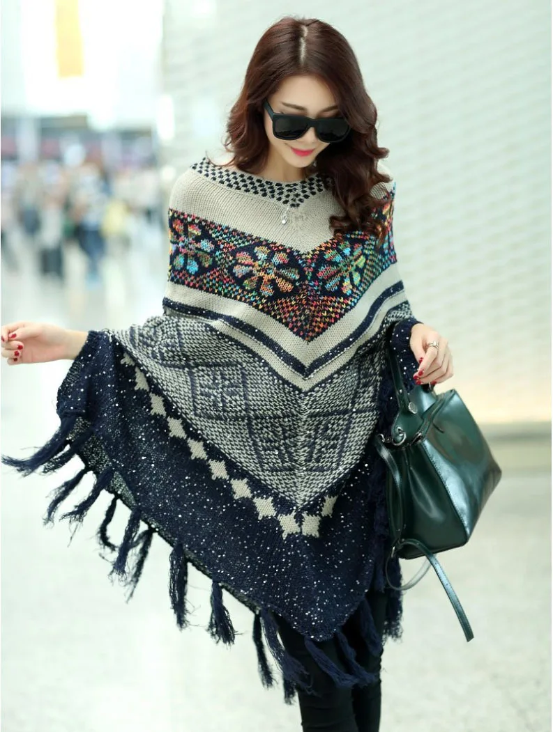 

2020 Loose Tassled plus Size Pullover Knitting Shirt Women's Floral Geometric Rhombus Midi Cape