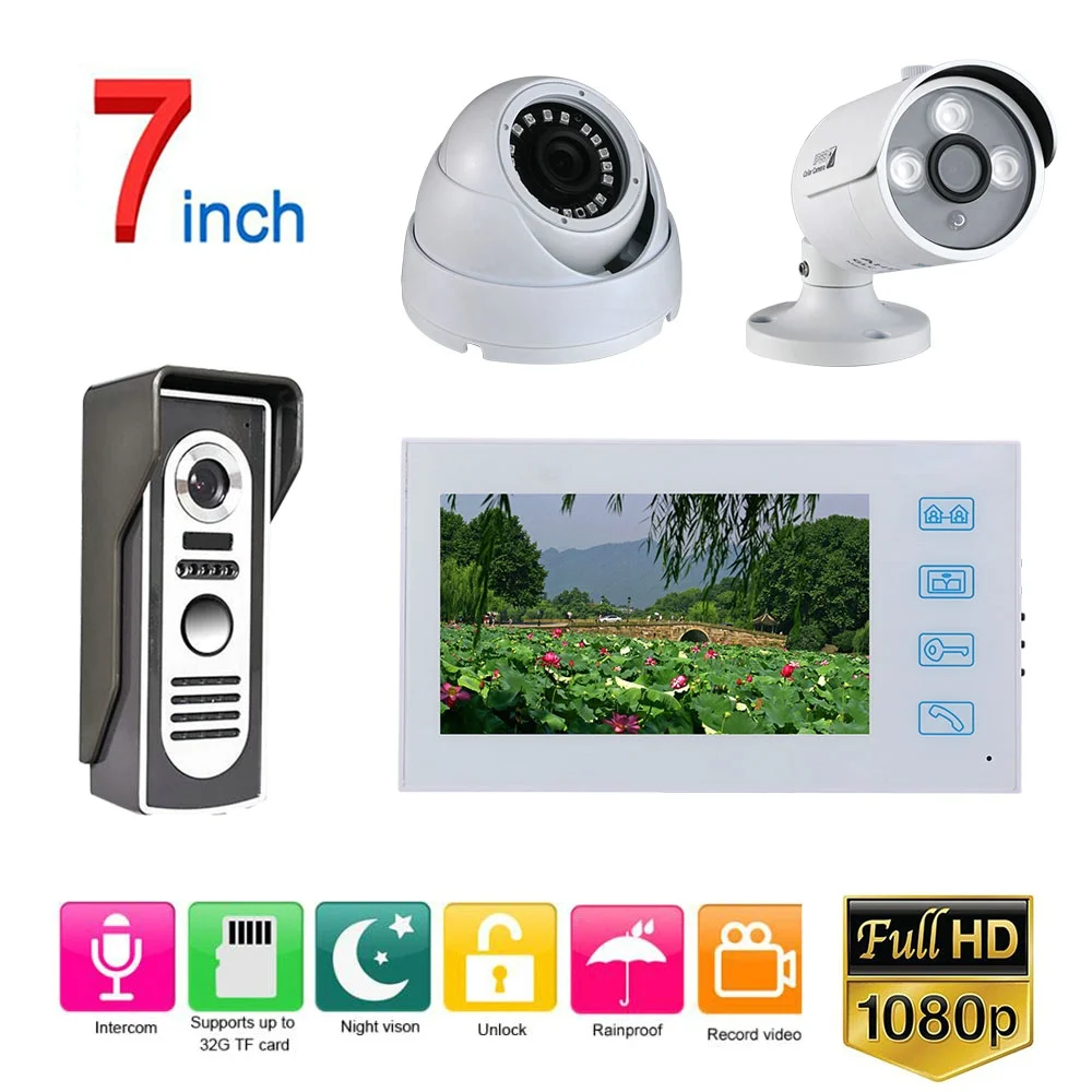

White Video Intercom System Kit 7 inch Record Wired Video Door Phone Doorbell Intercom System with AHD 1080P Camera and 2CH Se