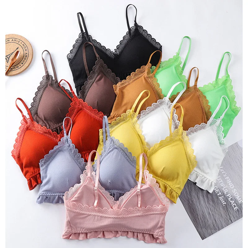 

Sexy Women Lace Tube Top Sweet Ruffle Tops For Girls Solid Ribbed V-Neck Crop Top Adjusted-Straps Wirefree Bralettle