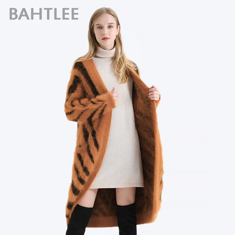 BAHTLEE зимние женские ангорские длинные кардиганы свитер Тигровая полоса