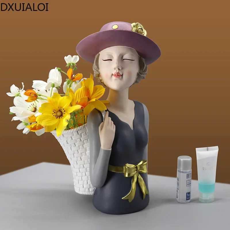 

Creative girl resin ornaments living room flower arrangement storage home decoration crafts desktop TV cabinet DXUIALOI
