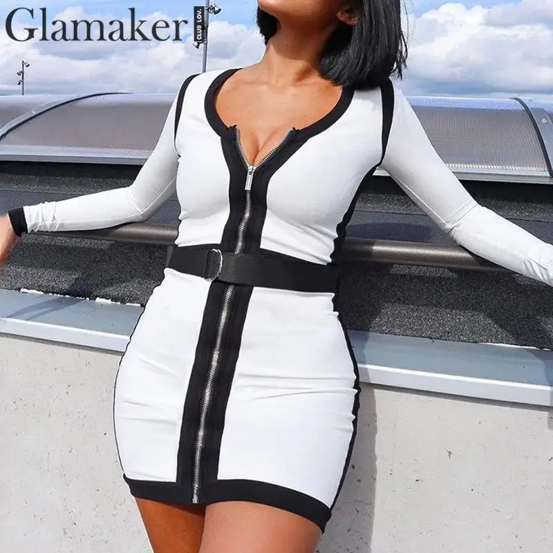 Glamaker черное облегающее платье в стиле пэчворк на молнии, женское платье трапециевидной формы с длинным рукавом для офиса, женские сексуальные вечерние платья, короткое платье