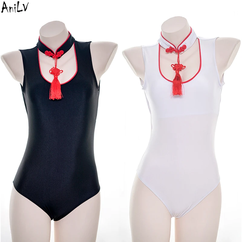 

AniLV Classic Chinese Knot Tassel Bodysuit Swimsuit Uniform Costume Women Backless Tight Leotard Swimwear Pool Party Cosplay