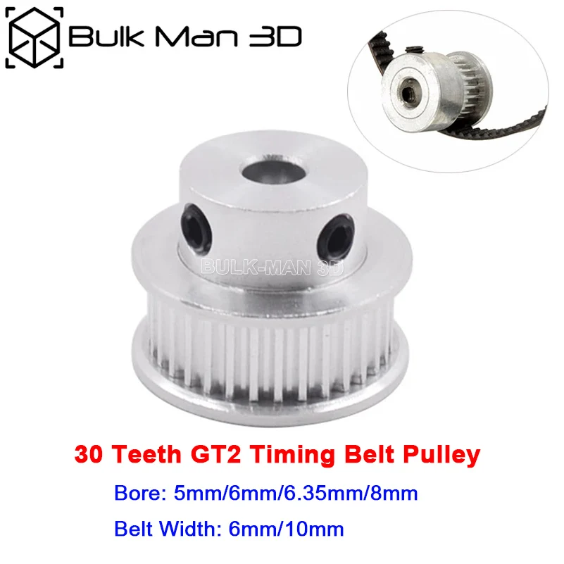

100pcs/Lot Wholesale GT2 Timing Pulley 30 Teeth Aluminum Wheel Bore 5mm/6mm/6.35mm/8mm Belt Width 6mm/10mm