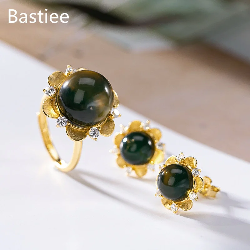 

Bastiee Mexican Amber 925 Sterling Silver Jewelry Sets For Women Rings Stud Earring Bowknot Luxury Golden Wedding Jewellery Set