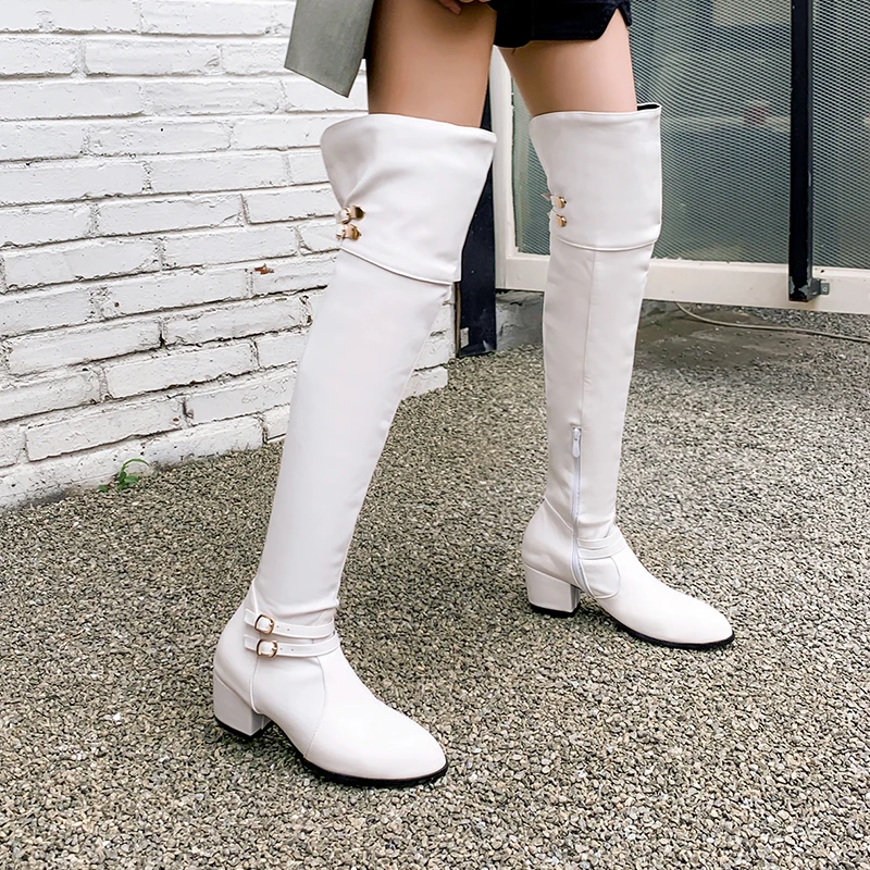 

Street style sexy pointed toe over knee high boots zipper rivets buckle black white apricot high-heeled women's riding boots
