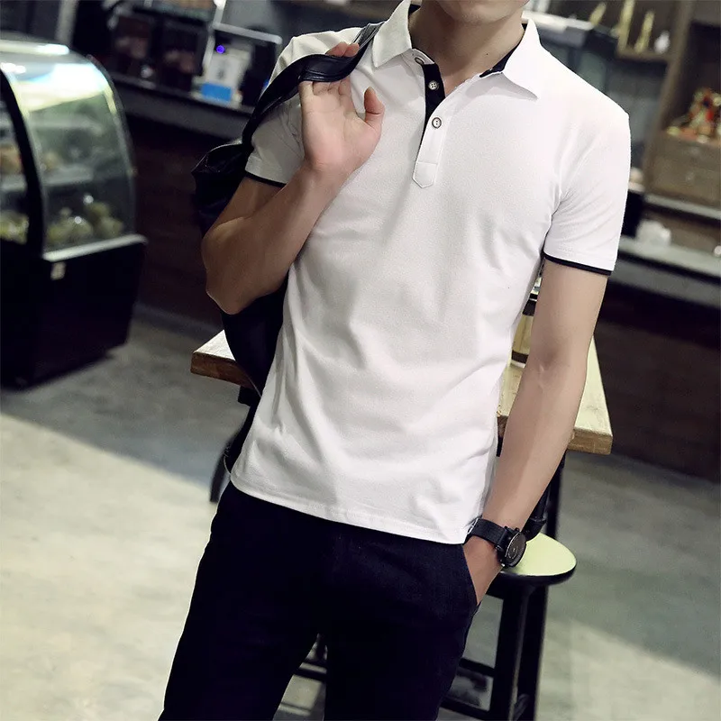 

6372-New Casual T-Shirt Men's Lapel Short Sleeve Striped T-Shirt Men's Short Sleeve