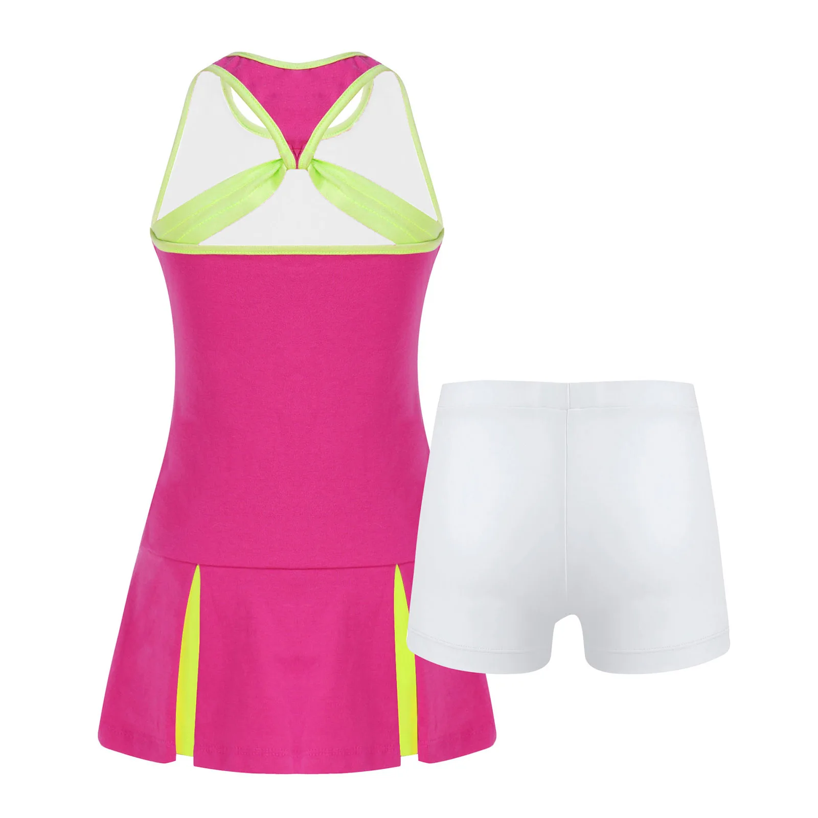 TiaoBug 2Pcs Kids Girls Summer Sport Suit Round Neck Sleeveless Dress And Shorts Set Sportswear For Running Gym Tennis Badminton