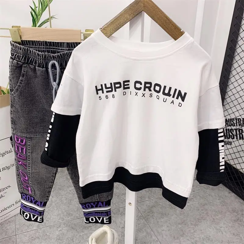 Baby Boys Clothing Sets Spring Autumn Children's Fake two T-shirts+ Jeans Pants 2pcs Suits Sports Kids Clothes Fashion | Детская