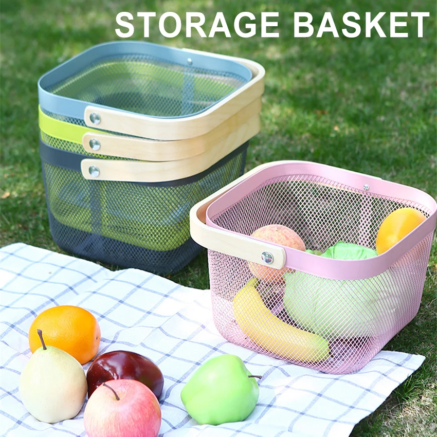 

Candy Colors Storage Basket Wood Handle Fruit Vegatable Basket Etal Mesh Storage Bag Basket Organizer Home Organizer