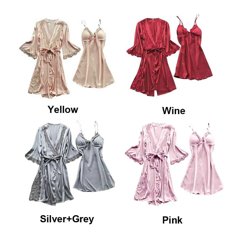 

2pcs/set Soft Silky Waist Tie Sexy Elegant Lace Solid Lightweight Long Half Sleeve Women Robe Loose Wedding Bath Ladies Bridal