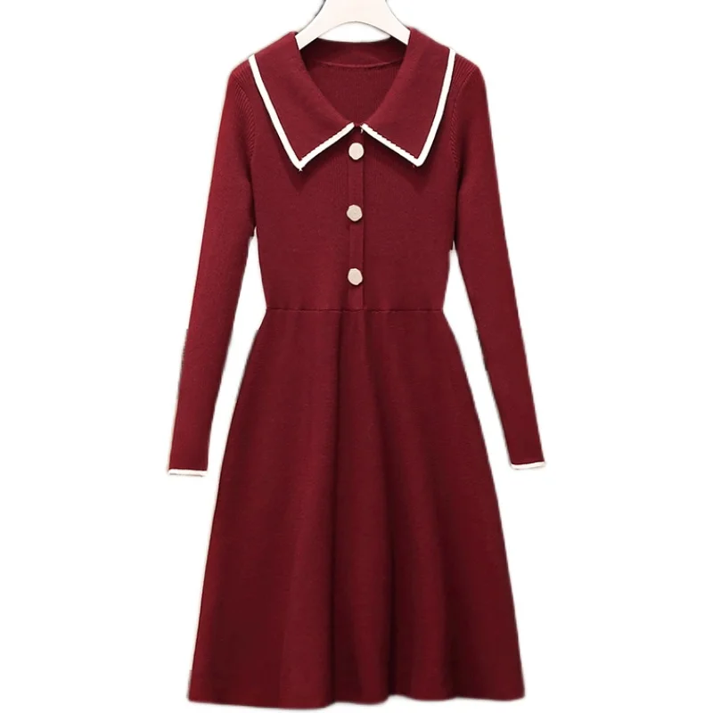 

2021 Winter New Plus Size Women's Slim Fit Sress Lapel Mid-Length Knitted Elegant Dashion Dresses M-5XL
