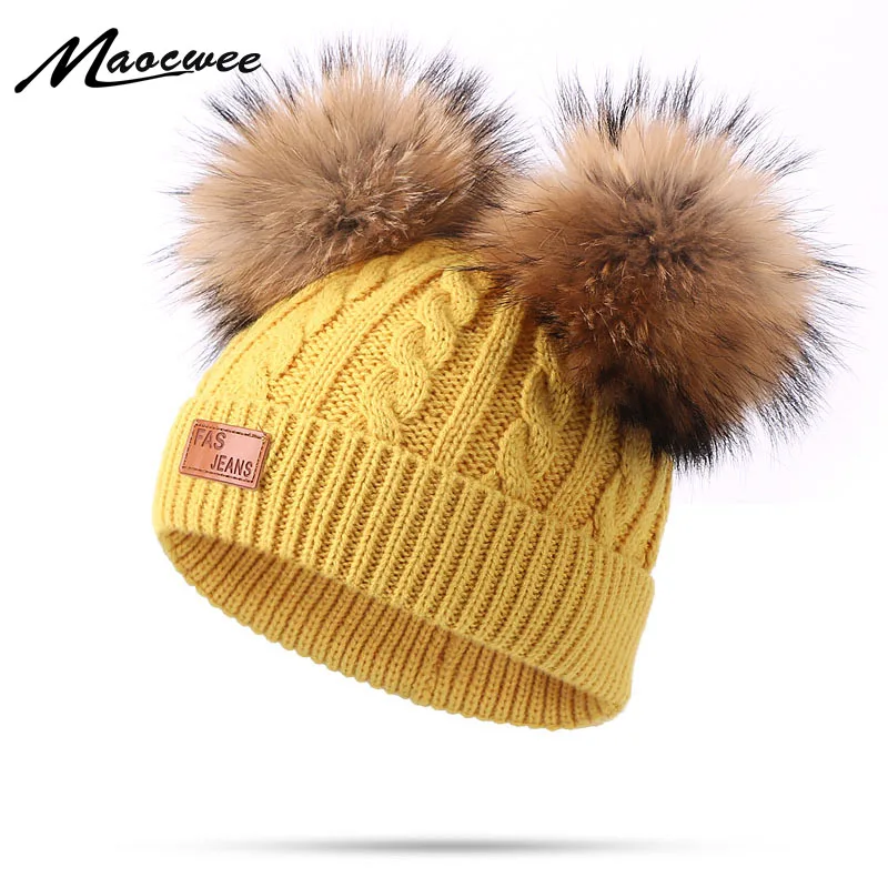 

Children Caps Girls Real Fox Fur PomPon Hat Winter Warm Beanies Knitted Skullies Hats Pure Colour Striped Cap Raccoon Outdoor