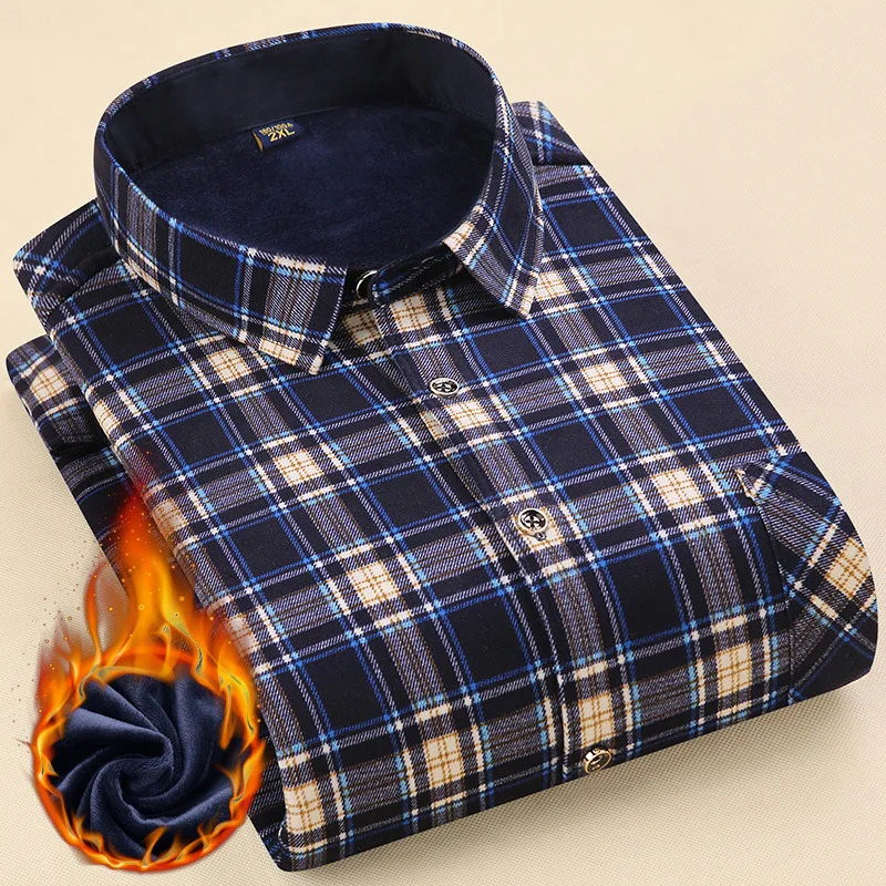 

Men's long-sleeved warm shirt thickening casual autumn and winter dad wear middle-aged plaid plus velvet shirt size