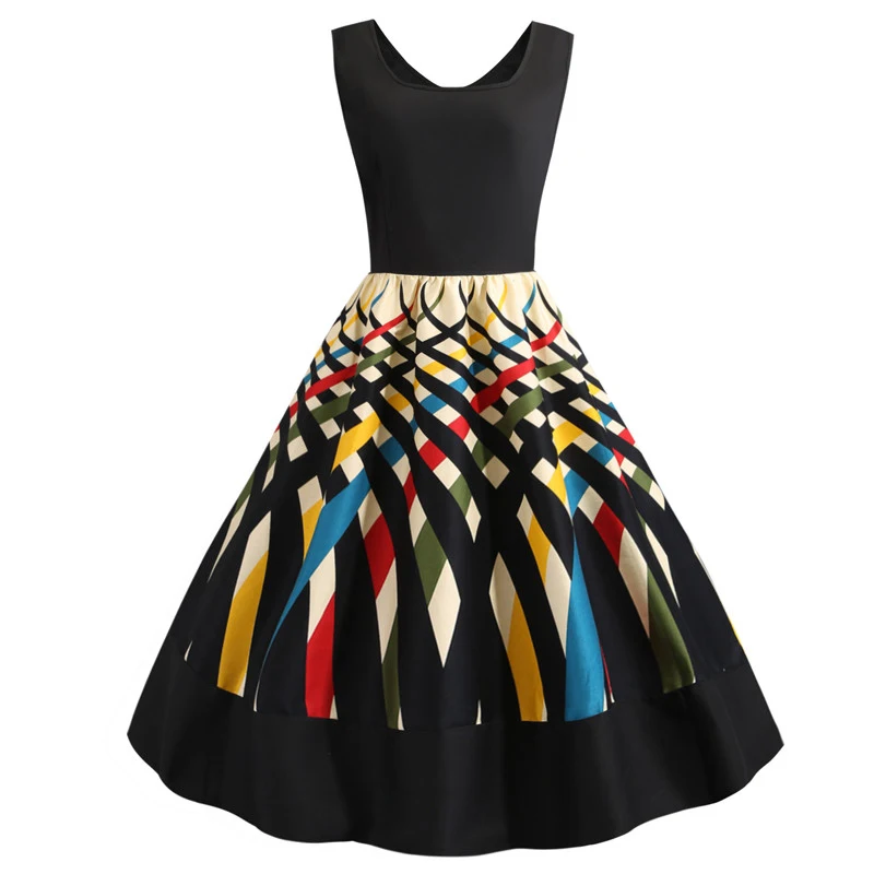 2020 разноцветное Плиссированное черное платье с квадратным вырезом и принтом 50s 60s