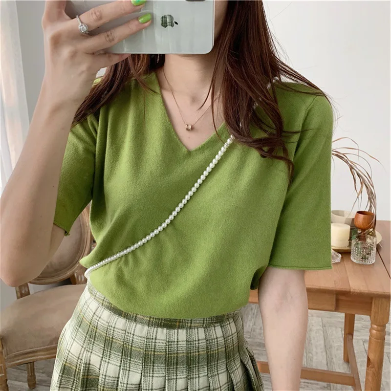 Korean knit solid color short-sleeve ice silk T-shirt Women Tops 2020 Summer T Shirt for Black White Shirts tops | Женская одежда