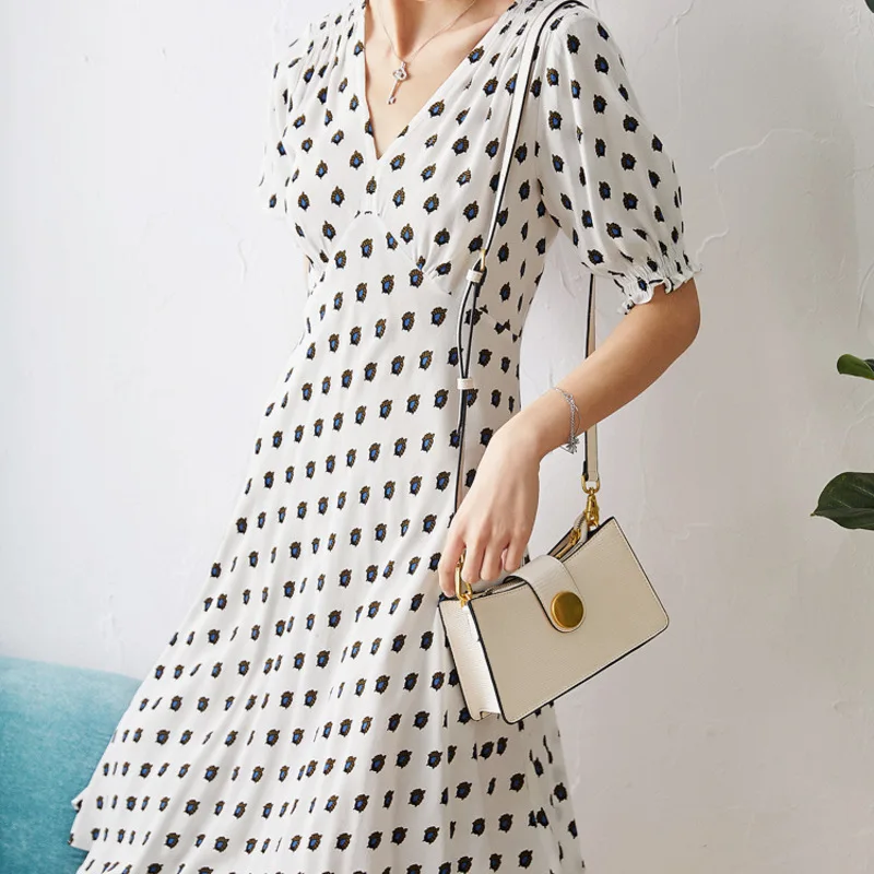 

V New neck Floral short sleeve dress women 2021 summer dress slim