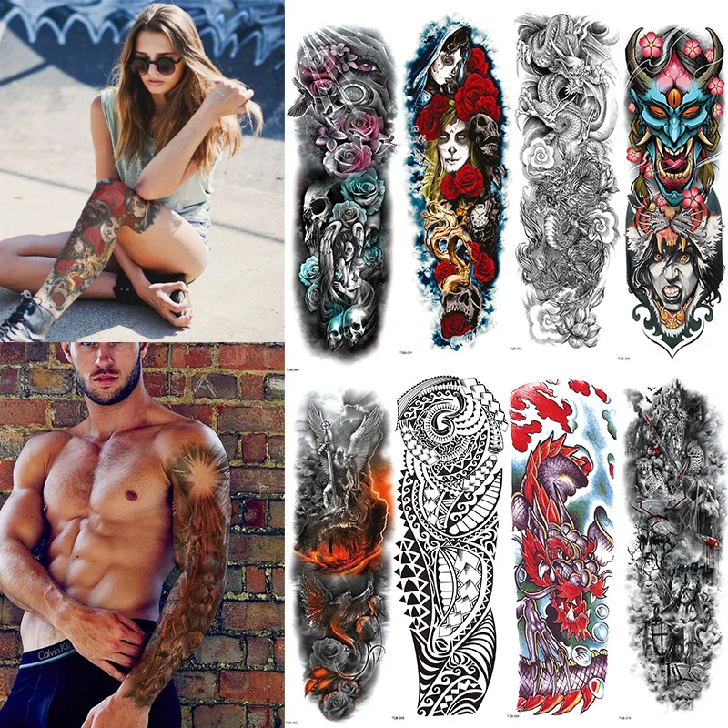 Full Arm Temporary Tattoo Stickers Large Black Skeletons Body Tattoo Waterproof Tattoo For Men Women Fake Tattoos 17*48cm