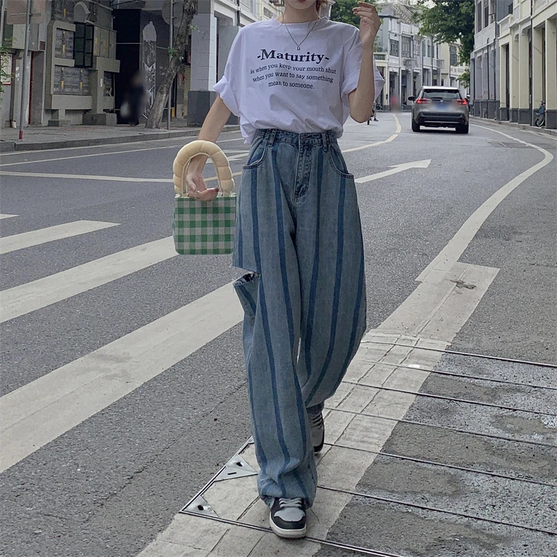 

Autumn Gothic Personality Blue Stripes Hole Denim Jeans Washed Jeans Vintage Street Loose Crimp High Waist Straight Wide Legs