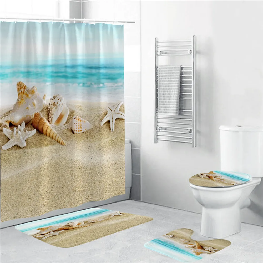 

Занавески для ванной из полиэстера, с ракушками морской звезды, 4 шт., наборы для душа, Нескользящие, в пляжном стиле, с узором