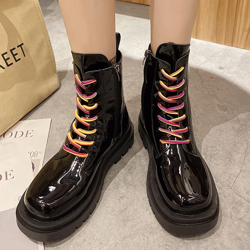 

Rimocy/женские мотоциклетные ботинки из лакированной кожи на платформе; Коллекция 2021 года; Ботильоны на толстой подошве со шнуровкой; Женская ...