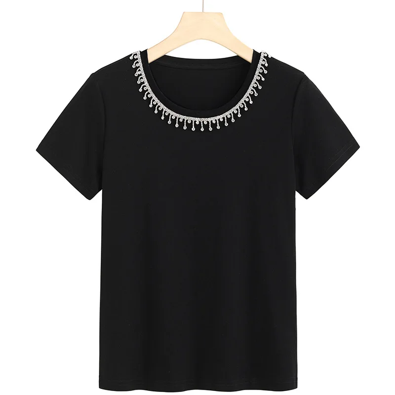

80 mercerized cotton T-shirt women's round neck ins super fire nail Bead Tassel good looking temperament bottom coat 6926