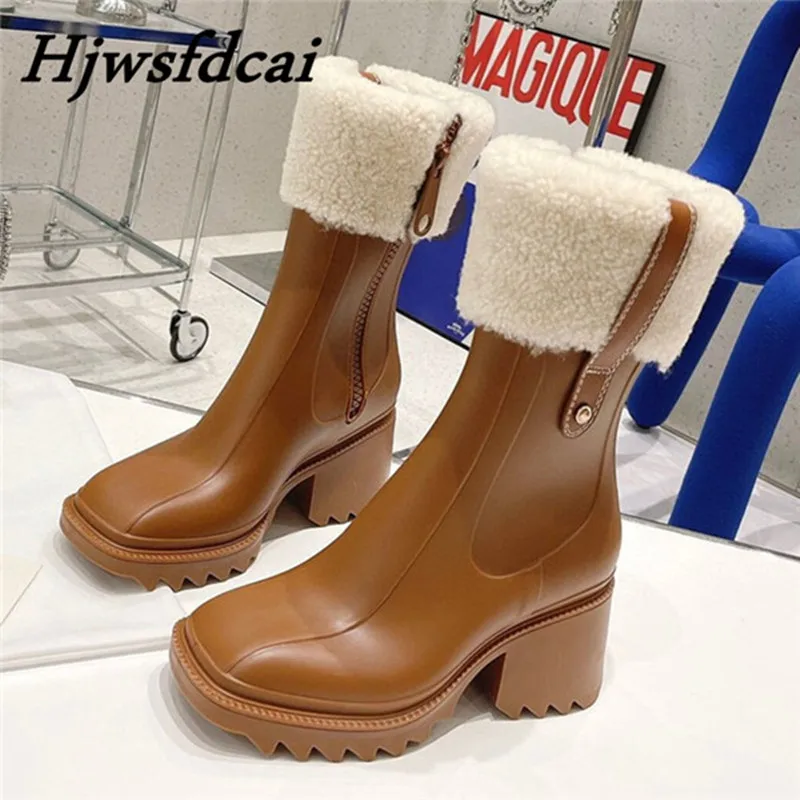 

Hjwsfdcai Brand Design Women Ankle Rainboots Chunky Heel Height Increasing Women Short Boots Thick Sole Motorcycle Boots Winter