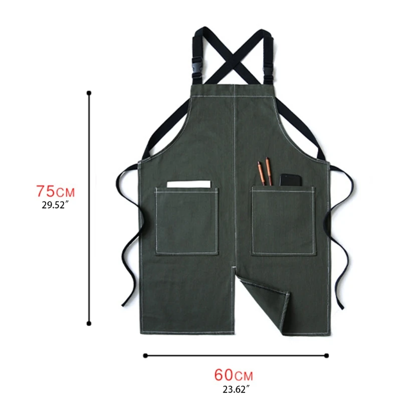 

066E Canvas Denim Apron Cross Back Adjustable Chef Apron Multi-pocket Sleeveless Adjustable Strap and Large Pockets for Kitchen