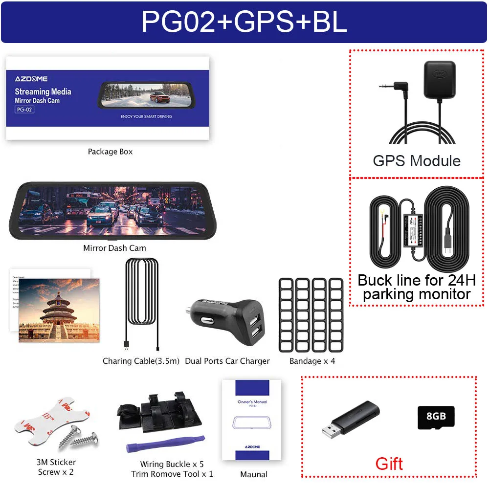 AZDOME PG02 1" зеркальный видеорегистратор с gps потоковым медиа Полноэкранный сенсорный ADAS двойной объектив ночного видения 1080P+ 720P Автомобильные видеорегистраторы - Color Name: PG02-GPS-BL
