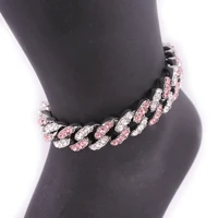 cuban link anklets hip hop women chain foot legs jewelry 12mm cuban chain pink crystal rose gold silver color fashion iced out