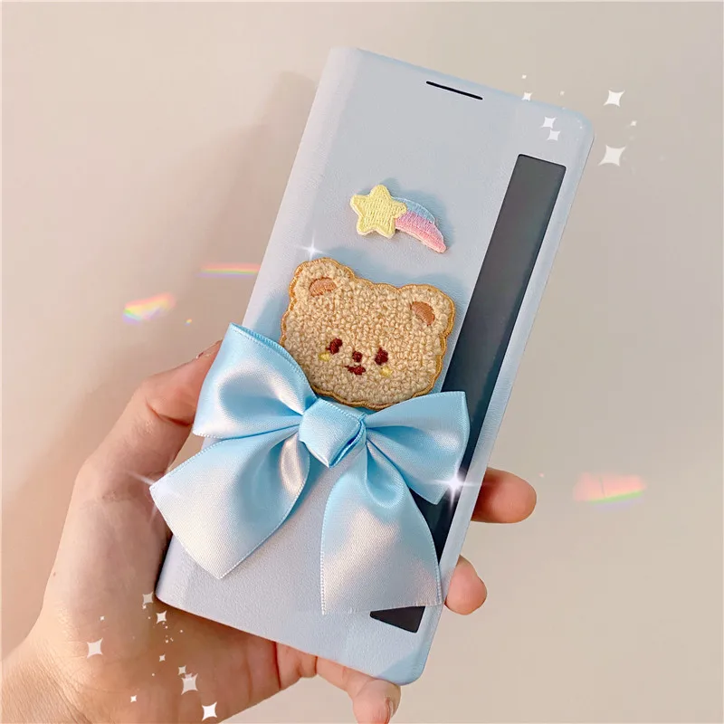 

For Huawei Mate X2 5G Cover Blue Bow Bear Case for MateX2 Huawei Pink Cartoon Bumper for Mate X 2 Smart Window Protector Cases