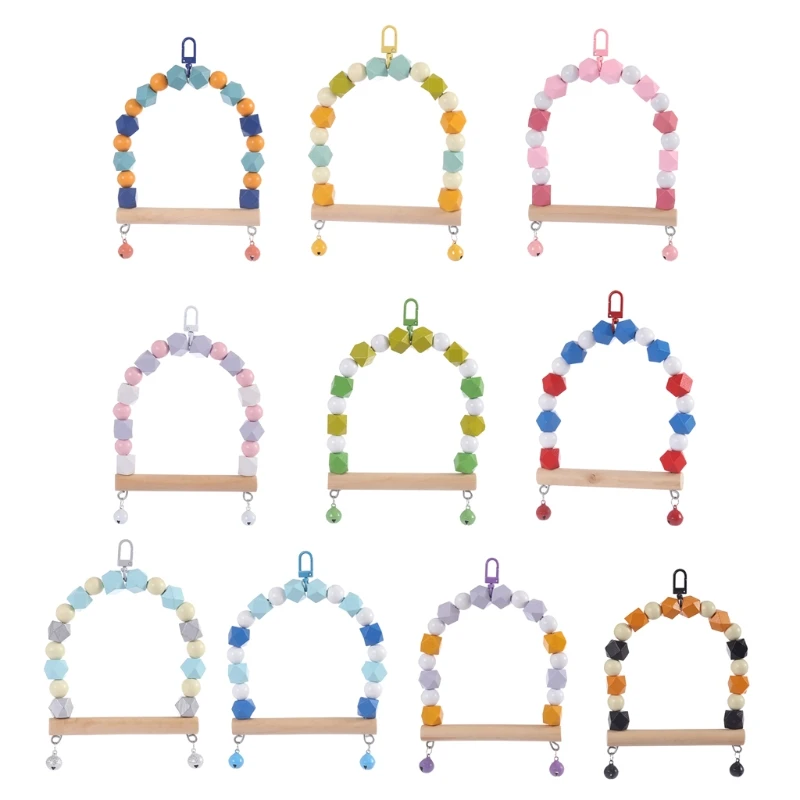

Wood Parrot Swing Chewing Toys Hanging Bird Cage Toys with Colorful Beads Metal Bells for Small Finches Budgie Macaws