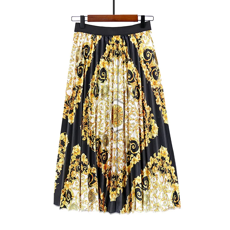 Женская длинная Плиссированная юбка элегантная повседневная черного и золотого