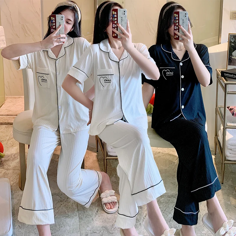 

2021 Summer Cotton Short Sleeve Long Pants Pajama Sets for Women Korean Sleepwear Suit Pyjama Homewear Pijama Mujer Home Clothes