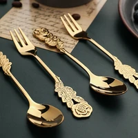 1pc new golden stainless glossy embossed french retro rose spoon ice cream spoon dessert cake coffee and tea fork tableware
