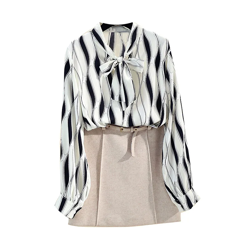 

Spring Autumn Women's Blouse Korean Style Bowknot Long-sleeved Hit Color Printing Blouse New Loose Chiffon Female Blouses LL313