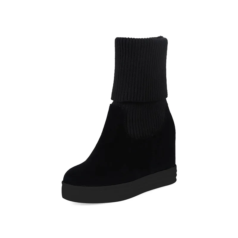 black thick fur MORAZORA/ г.; Новое поступление; сапоги до середины икры; женские эластичные сапоги из флока с круглым носком; сезон осень-зима; женская обувь на платформе - Цвет: black thick fur