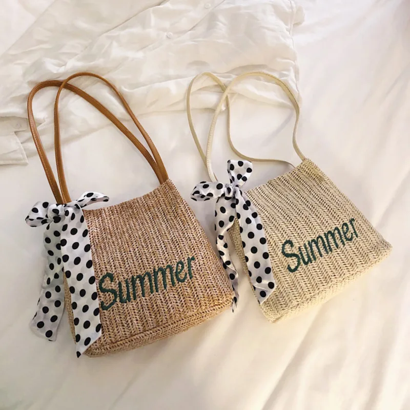 

Summer New Silk Scarf Decorative Bucket Straw Bag Korean Fashion Woven Women's Bag Handbag Shoulder Bag Tote Bag Shopping Bag