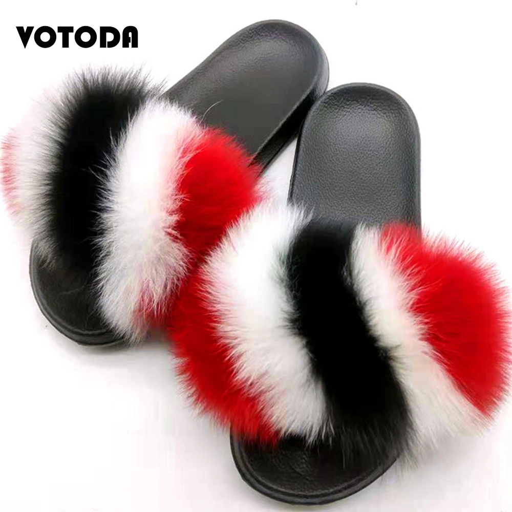 Шлепанцы женские на плоской подошве сланцы из натурального меха лисы енота