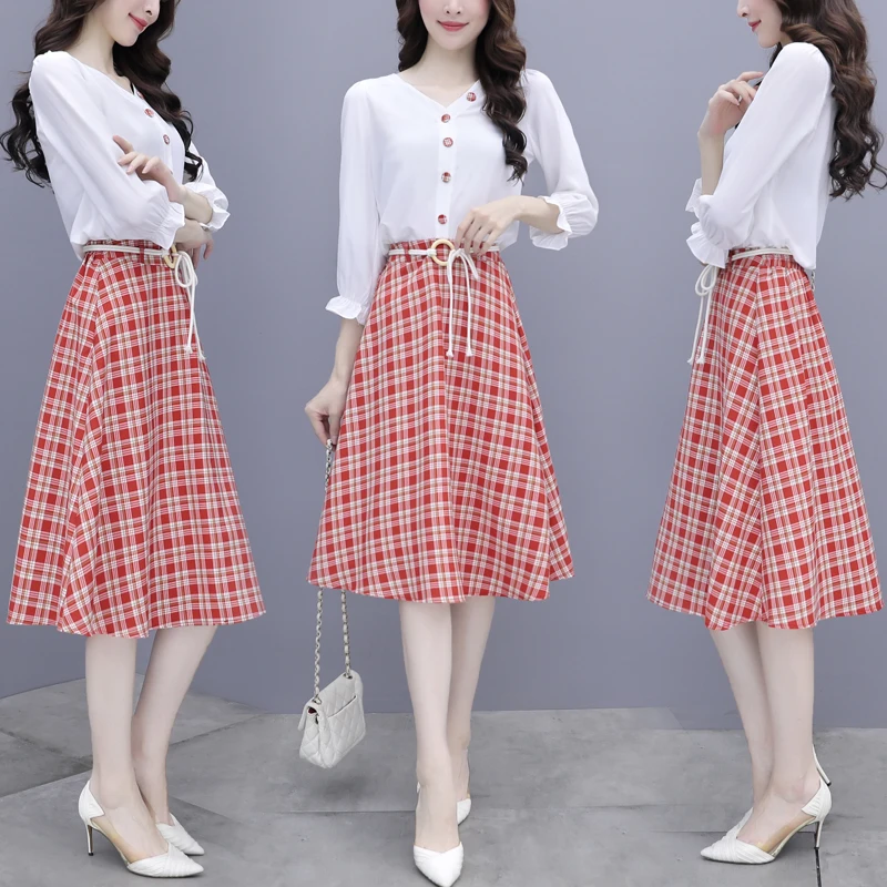 

New Spring 2021 French Fashion Women White Shirt Blouse Plaid Skirt Suits Leisure Lady 2 Pcs Set Clothing Outfit
